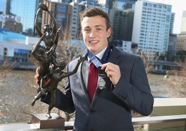 MELBOURNE, AUSTRALIA - SEPTEMBER 03: Lewis Taylor of the Brisbane Lions poses after winning the 2014 NAB AFL Rising Star Award at Crown Palladium on September 3, 2014 in Melbourne, Australia. (Photo by Scott Barbour/Getty Images)