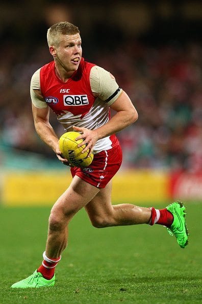 SYDNEY, AUSTRALIA - AUGUST 14:  Dan Hannebery of the Swans runs the ball during the round 20 AFL match between the Sydney Swans and the Collingwood Magpies at SCG on August 14, 2015 in Sydney, Australia.  (Photo by Cameron Spencer/Getty Images)