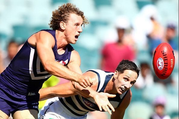 during the NAB Challenge match between the Fremantle Dockers and the Geelong Cats at Domain Stadium on March 12, 2016 in Perth, Australia.