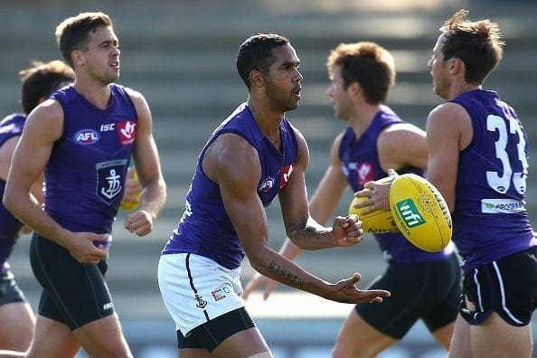 during  Fremantle Dockers AFL training session at Fremantle Oval on April 5, 2016 in Fremantle, Australia.