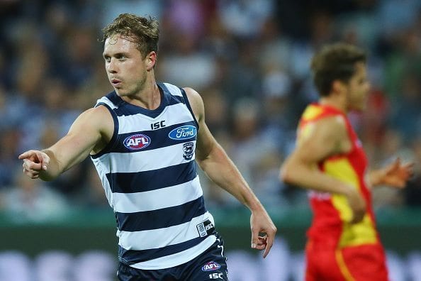 GEELONG, AUSTRALIA - APRIL 30: Mitch Duncan of the Cats celebrates a goal during the round six AFL match between the Geelong Cats and the Gold Coast Suns at Simonds Stadium on April 30, 2016 in Geelong, Australia. (Photo by Michael Dodge/Getty Images)