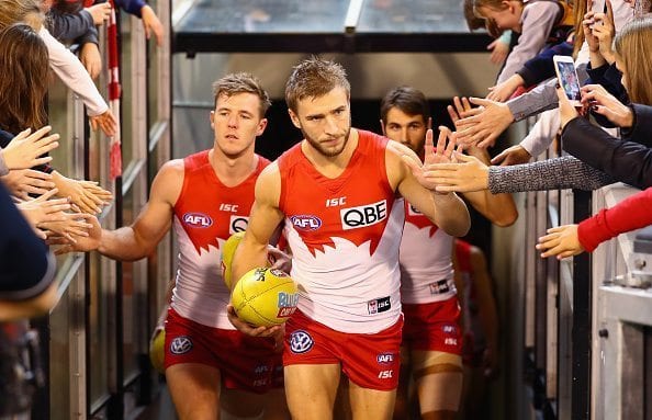 MELBOURNE, AUSTRALIA - MAY 20: Kieren Jack of the Swans leads his team out onto the field during the round nine AFL match between the Hawthorn Hawks and the Sydney Swans at Melbourne Cricket Ground on May 20, 2016 in Melbourne, Australia.  (Photo by Quinn Rooney/Getty Images)