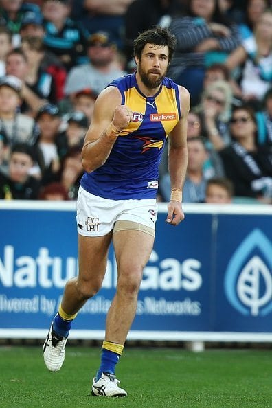 ADELAIDE, AUSTRALIA - MAY 21: Josh Kennedy of the Eagles celebrates after kicking a goal during the round nine AFL match between the Port Adelaide Power and the West Coast Eagles at Adelaide Oval on May 21, 2016 in Adelaide, Australia.  (Photo by Morne de Klerk/Getty Images)