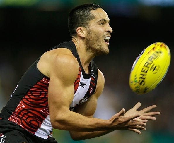 MELBOURNE, AUSTRALIA - MAY 28:  Shane Savage of the Saints marks the ball during the round 10 AFL match between the St Kilda Saints and the Fremantle Dockers at Etihad Stadium on May 28, 2016 in Melbourne, Australia.  (Photo by Darrian Traynor/Getty Images)