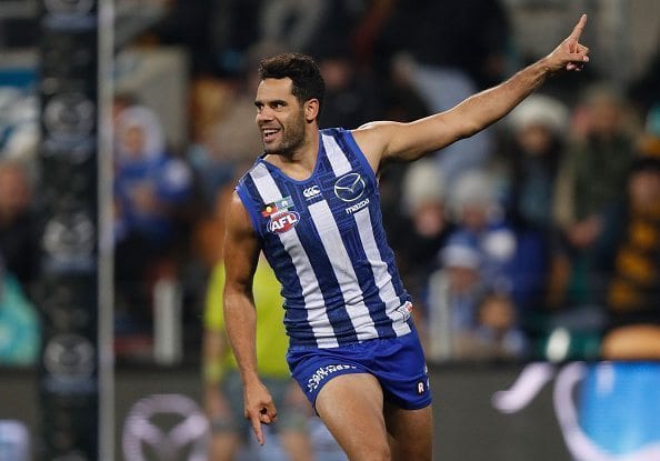 HOBART, AUSTRALIA - JUNE 03: Daniel Wells of the Kangaroos celebrates a goal during the 2016 AFL Round 11 match between the North Melbourne Kangaroos and the Richmond Tigers at Blundstone Arena on June 3, 2016 in Hobart, Australia. (Photo by Michael Willson/AFL Media/Getty Images)