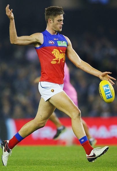 MELBOURNE, AUSTRALIA - JUNE 04:  Josh Schache of the Lions kicks the ball during the round 11 AFL match between the Carlton Blues and the Brisbane Lions at Etihad Stadium on June 4, 2016 in Melbourne, Australia.  (Photo by Michael Dodge/Getty Images)