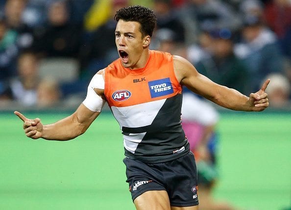 GEELONG, AUSTRALIA - JUNE 04: Dylan Shiel of the Giants celebrates a goal during the 2016 AFL Round 11 match between the Geelong Cats and the GWS Giants at Simonds Stadium on June 4, 2016 in Geelong, Australia. (Photo by Adam Trafford/AFL Media/Getty Images)