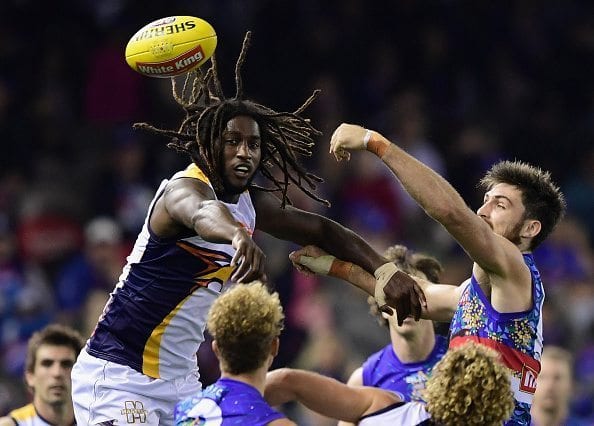 MELBOURNE, AUSTRALIA - JUNE 05: Nic Naitanui of the Eagles and Tom Campbell of the Bulldogs compete in the ruck during the round 11 AFL match between the Western Bulldogs and the West Coast Eagles at Etihad Stadium on June 5, 2016 in Melbourne, Australia. (Photo by Quinn Rooney/Getty Images)