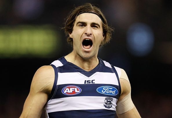MELBOURNE, AUSTRALIA - JUNE 11: Shane Kersten of the Cats celebrates a goal during the 2016 AFL Round 12 match between the Geelong Cats and the North Melbourne Kangaroos at Etihad Stadium on June 11, 2016 in Melbourne, Australia. (Photo by Michael Willson/AFL Media/Getty Images)