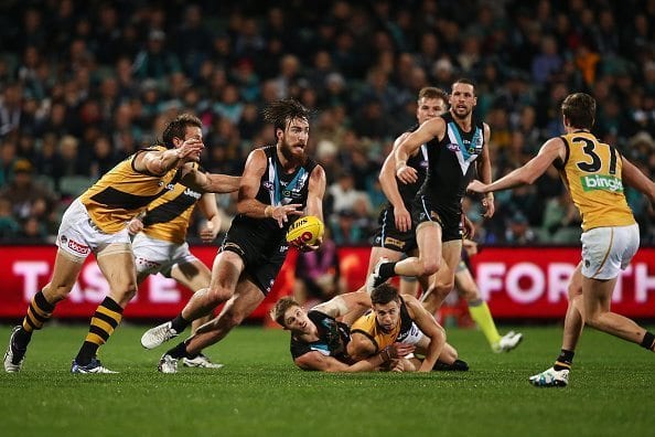 during the round 15 AFL match between the Port Adelaide Power and the Richmond Tigers at Adelaide Oval on July 1, 2016 in Adelaide, Australia.