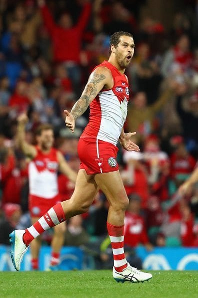 SYDNEY, AUSTRALIA - JULY 02:  Lance Franklin of the Swans celebrates kicking a goal during the round 15 AFL match between the Sydney Swans and the Western Bulldogs at Sydney Cricket Ground on July 2, 2016 in Sydney, Australia.  (Photo by Cameron Spencer/Getty Images)