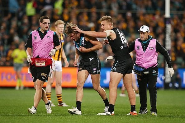 during the round 16 AFL match between the Port Adelaide Power and the Hawthorn Hawks at Adelaide Oval on July 7, 2016 in Adelaide, Australia.