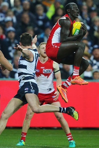 during the round 16 AFL match between the Geelong Cats and the Sydney Swans at Simonds Stadium on July 8, 2016 in Geelong, Australia.