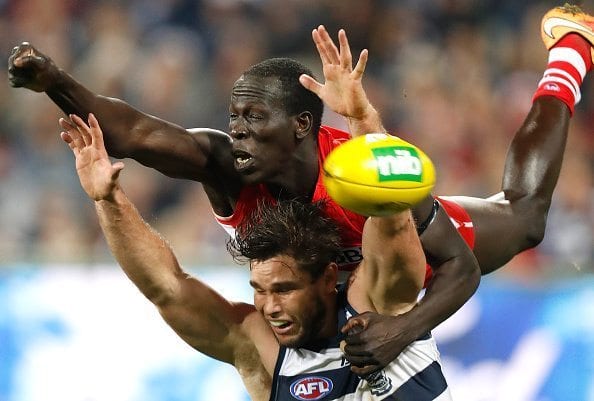 GEELONG, AUSTRALIA - JULY 08: Aliir Aliir of the Swans and Tom Hawkins of the Cats compete for the ball during the 2016 AFL Round 16 match between the Geelong Cats and the Sydney Swans at Simonds Stadium on July 8, 2016 in Geelong, Australia. (Photo by Michael Willson/AFL Media/Getty Images)