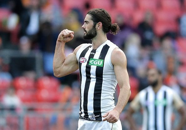 SYDNEY, AUSTRALIA - JULY 09: Brodie Grundy of the Magpies celebrates after kicking a goal during the round 16 AFL match between the Greater Western Sydney Giants and the Collingwood Magpies at Spotless Stadium on July 9, 2016 in Sydney, Australia. (Photo by Mark Metcalfe/Getty Images)