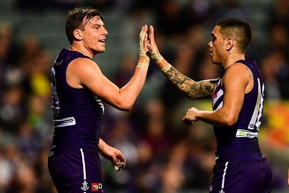PERTH, AUSTRALIA - JULY 15: Nick Suban and Michael Walters of the Dockers celebrates a goal during the 2016 AFL Round 17 match between the Fremantle Dockers and the Geelong Cats at Domain Stadium on July 15, 2016 in Perth, Australia. (Photo by Daniel Carson/AFL Media/Getty Images)