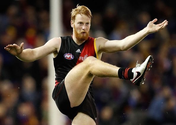 MELBOURNE, AUSTRALIA - JULY 24: Debutante, Aaron Francis of the Bombers in action during the 2016 AFL Round 18 match between the Essendon Bombers and the Brisbane Lions at Etihad Stadium on July 24, 2016 in Melbourne, Australia. (Photo by Adam Trafford/AFL Media/Getty Images)