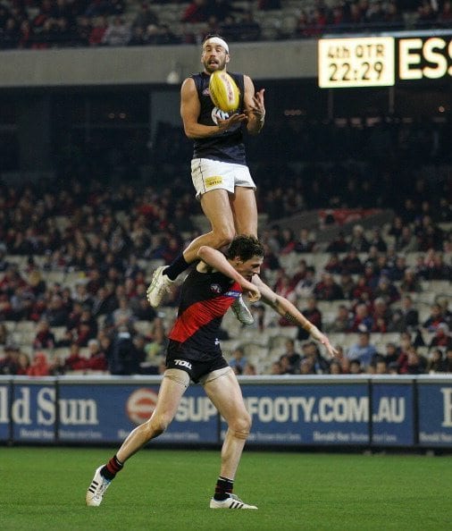 MELBOURNE, AUSTRALIA - JULY 23: Andrew Walker of the Blues takes a mark during the round 18 AFL match between Essendon Bombers and the Carlton Blues at Melbourne Cricket Ground on July 23, 2011 in Melbourne, Australia. (Photo by Scott Barbour/Getty Images)