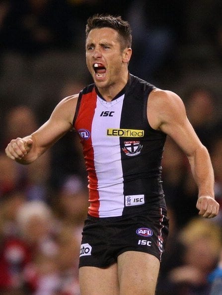 MELBOURNE, AUSTRALIA - AUGUST 25: Stephen Milne of the Saints celebrates a goal during the round 22 AFL match between the St Kilda Saints and the Gold Coast Suns at Etihad Stadium on August 25, 2013 in Melbourne, Australia. (Photo by Michael Dodge/Getty Images)