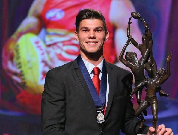 MELBOURNE, AUSTRALIA - SEPTEMBER 04: Jaeger O'Meara of the Gold Coast Suns poses after winning the 2013 Ron Evans Medal NAB Rising Star Award as the best young player in the AFL at Crown Palladium on September 4, 2013 in Melbourne, Australia. (Photo by Scott Barbour/Getty Images)