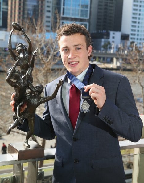 MELBOURNE, AUSTRALIA - SEPTEMBER 03: Lewis Taylor of the Brisbane Lions poses after winning the 2014 NAB AFL Rising Star Award at Crown Palladium on September 3, 2014 in Melbourne, Australia. (Photo by Scott Barbour/Getty Images)