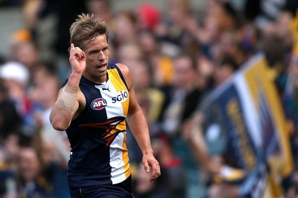 PERTH, AUSTRALIA - JUNE 13: Mark LeCras of the Eagles celebrates a goal during the round 11 AFL match between the West Coast Eagles and the Essendon Bombers at Domain Stadium on June 13, 2015 in Perth, Australia. (Photo by Paul Kane/Getty Images)