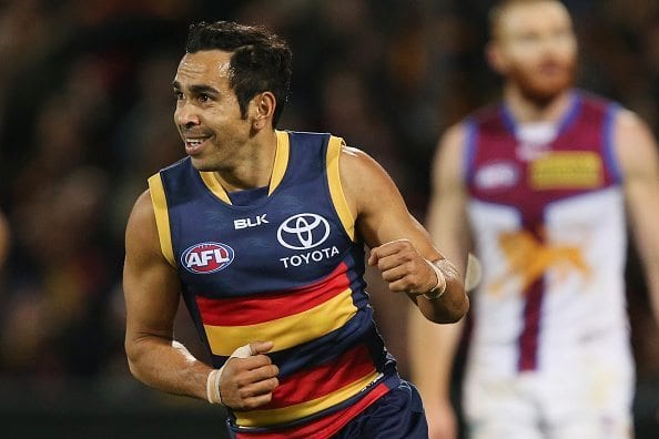 ADELAIDE, AUSTRALIA - AUGUST 22: Eddie Betts of the Crows celebrates a goal during the 2015 AFL round 21 match between the Adelaide Crows and the Brisbane Lions at Adelaide Oval, Adelaide, Australia on August 22, 2015. (Photo by James Elsby/AFL Media/Getty Images)