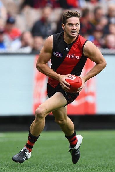 during the round two AFL match between the Essendon Bombers and the Melbourne Demons at the Melbourne Cricket Ground on April 2, 2016 in Melbourne, Australia.