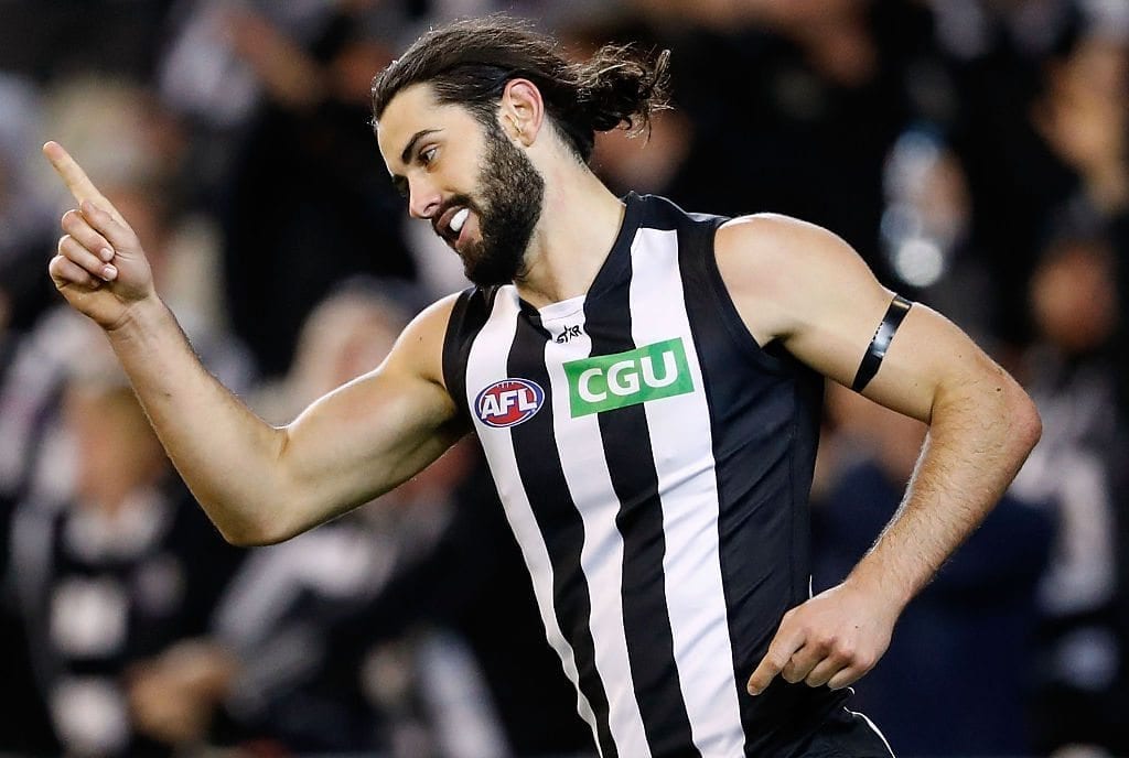 MELBOURNE, AUSTRALIA - JULY 02: Brodie Grundy of the Magpies celebrates a goal during the 2016 AFL Round 15 match between the Carlton Blues and the Collingwood Magpies at the Melbourne Cricket Ground on July 2, 2016 in Melbourne, Australia. (Photo by Adam Trafford/AFL Media/Getty Images)