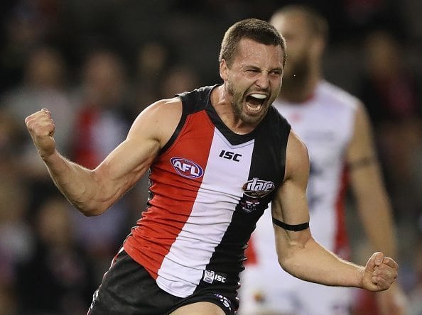 MELBOURNE, AUSTRALIA - JULY 17:  Jarryn Geary of the Saints celebrates after scoring a goal during the round 17 AFL match between the St Kilda Saints and the Melbourne Demons at Etihad Stadium on July 17, 2016 in Melbourne, Australia.  (Photo by Robert Cianflone/Getty Images)