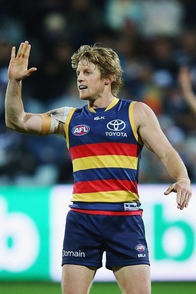 GEELONG, AUSTRALIA - JULY 23: Rory Sloane of the Crows celebrates a goal during the round 18 AFL match between the Geelong Cats and the Adelaide Crows at Simonds Stadium on July 23, 2016 in Geelong, Australia. (Photo by Michael Dodge/Getty Images)