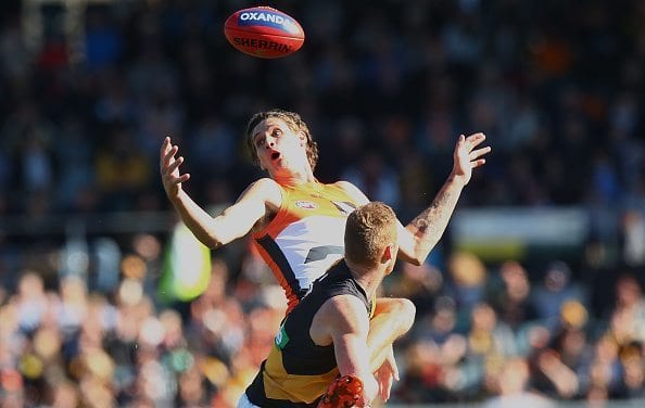 CANBERRA, AUSTRALIA - JULY 30: Rory Lobb of the Giants attempts to take a mark during the round 19 AFL match between the Greater Western Sydney Giants and the Richmond Tigers at Star Track Oval on July 30, 2016 in Canberra, Australia. (Photo by Mark Nolan/Getty Images)