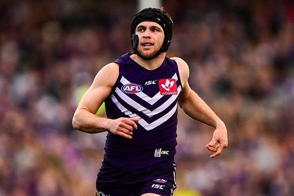 PERTH, AUSTRALIA - AUGUST 07: Hayden Ballantyne of the Dockers in action during the 2016 AFL Round 20 match between the Fremantle Dockers and the West Coast Eagles at Domain Stadium on August 07, 2016 in Perth, Australia. (Photo by Daniel Carson/AFL Media/Getty Images)