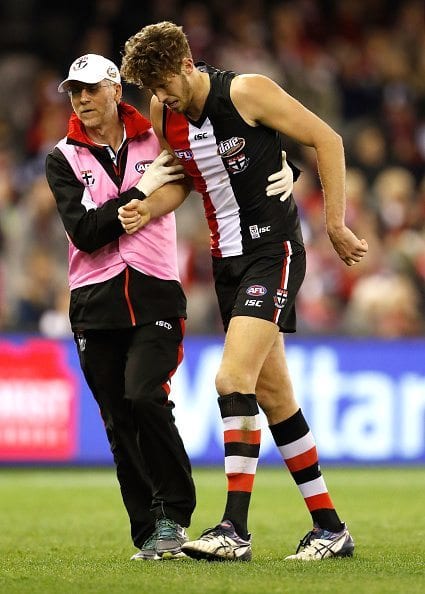 MELBOURNE, AUSTRALIA - AUGUST 13: Tom Hickey of the Saints is seen injured during the 2016 AFL Round 21 match between the St Kilda Saints and the Sydney Swans at Etihad Stadium on August 13, 2016 in Melbourne, Australia. (Photo by Adam Trafford/AFL Media/Getty Images)