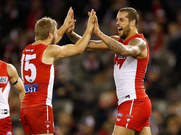MELBOURNE, AUSTRALIA - AUGUST 13: Lance Franklin of the Swans celebrates a goal with Kieren Jack of the Swans during the 2016 AFL Round 21 match between the St Kilda Saints and the Sydney Swans at Etihad Stadium on August 13, 2016 in Melbourne, Australia. (Photo by Adam Trafford/AFL Media/Getty Images)