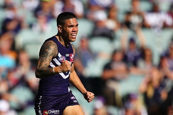 PERTH, AUSTRALIA - AUGUST 14: Michael Walters of the Dockers celebrates a goal during the round 21 AFL match between the Fremantle Dockers and the Adelaide Crows at Domain Stadium on August 14, 2016 in Perth, Australia. (Photo by Paul Kane/Getty Images)