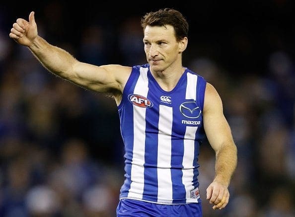 MELBOURNE, AUSTRALIA - AUGUST 27: Brent Harvey of the Kangaroos thanks fans during the 2016 AFL Round 23 match between the North Melbourne Kangaroos and the GWS Giants at Etihad Stadium on August 27, 2016 in Melbourne, Australia. (Photo by Adam Trafford/AFL Media/Getty Images)