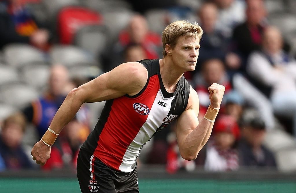 MELBOURNE, AUSTRALIA - AUGUST 28:  Nick Riewoldt of the Saints  celebrates after kicking a goal during the round 23 AFL match between the St Kilda Saints and the Brisbane Lions at Etihad Stadium on August 28, 2016 in Melbourne, Australia.  (Photo by Scott Barbour/Getty Images)