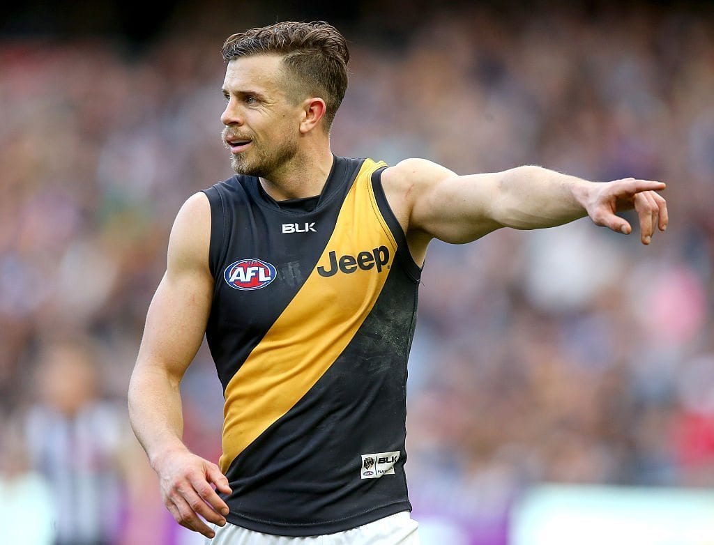 Brett Deledio of the Tigers directs play during the 2015 AFL round 21 match between the Collingwood Magpies and the Richmond Tigers at the Melbourne Cricket Ground, Melbourne, Australia on August 22, 2015. (Photo by Justine Walker/AFL Media/Getty Images)