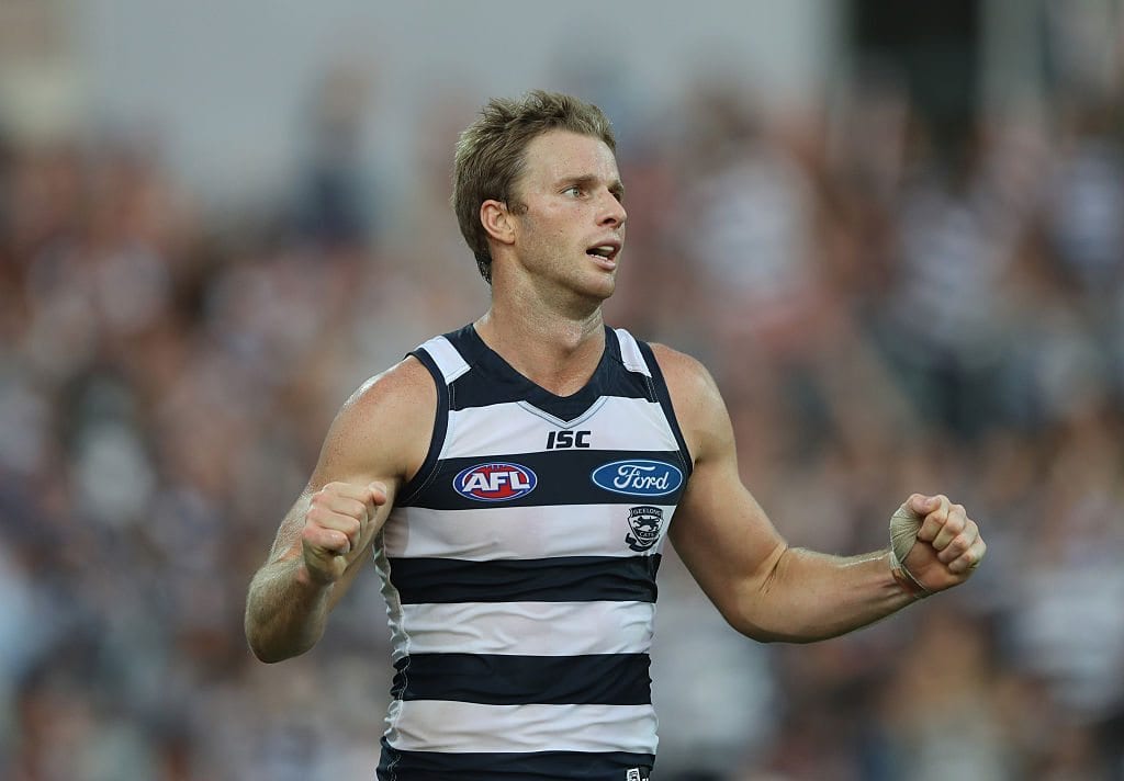Lachie Henderson of the Cats celebrates after the Cats defeated the Eagles during the round seven AFL match between the Geelong Cats and the West Coast Eagles at Simonds Stadium on May 7, 2016 in Geelong, Australia. (Photo by Robert Cianflone/Getty Images)
