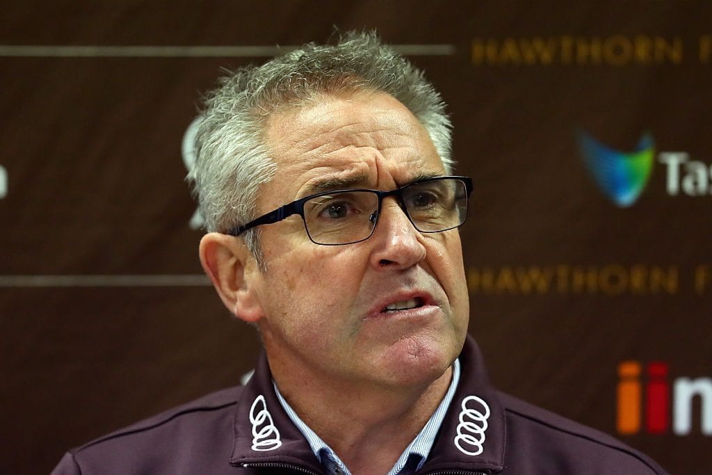 Chris Fagan the GM Football Operations at the Hawks speaks to the media during a Hawthorn Hawks AFL media opportunity at Waverley Park on May 31, 2016 in Melbourne, Australia. (Photo by Quinn Rooney/Getty Images)