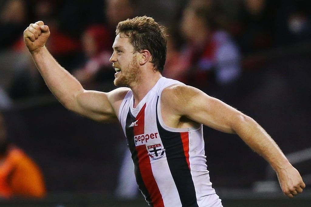MELBOURNE, AUSTRALIA - JULY 10: Jack Steven of the Saints kicks the match sealing goal during the round 16 AFL match between the Essendon Bombers and the St Kilda Saints at Etihad Stadium on July 10, 2016 in Melbourne, Australia. (Photo by Michael Dodge/Getty Images)