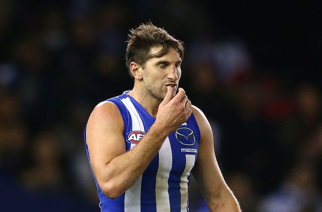 Jarrad Waite of the Kangaroos reacts after missing a shot at goal from in front during the round 17 AFL match between the North Melbourne Kangaroos and the Port Adelaide Power at Etihad Stadium on July 16, 2016 in Melbourne, Australia. (Photo by Scott Barbour/Getty Images)