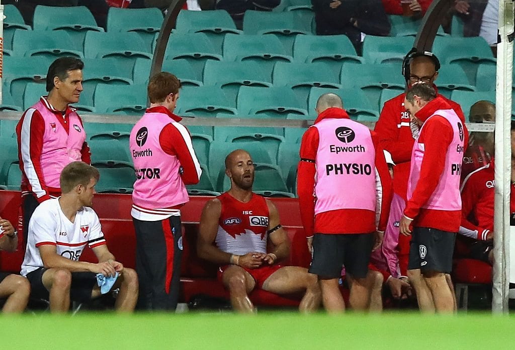Jarrad McVeigh of the Swans leaves the ground with an injury during the First AFL Semi Final match between the Sydney Swans and the Adelaide Crows at the Sydney Cricket Ground on September 17, 2016 in Sydney, Australia. (Photo by Ryan Pierse/Getty Images)