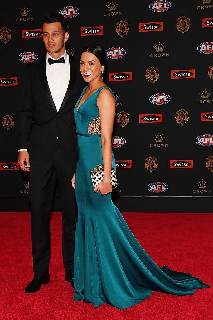 MELBOURNE, AUSTRALIA - SEPTEMBER 26: Robbie Tarrant of North Melbourne (L) and partner Jess Jafer arrive ahead of the 2016 Brownlow Medal at Crown Entertainment Complex on September 26, 2016 in Melbourne, Australia. (Photo by Quinn Rooney/Getty Images)