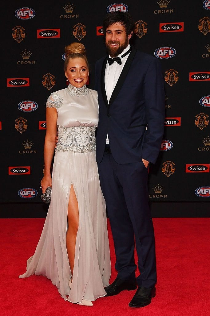 MELBOURNE, AUSTRALIA - SEPTEMBER 26: Josh Kennedy of the Eagles (R) and Laura Atkinson arrive ahead of the 2016 Brownlow Medal at Crown Entertainment Complex on September 26, 2016 in Melbourne, Australia. (Photo by Quinn Rooney/Getty Images)