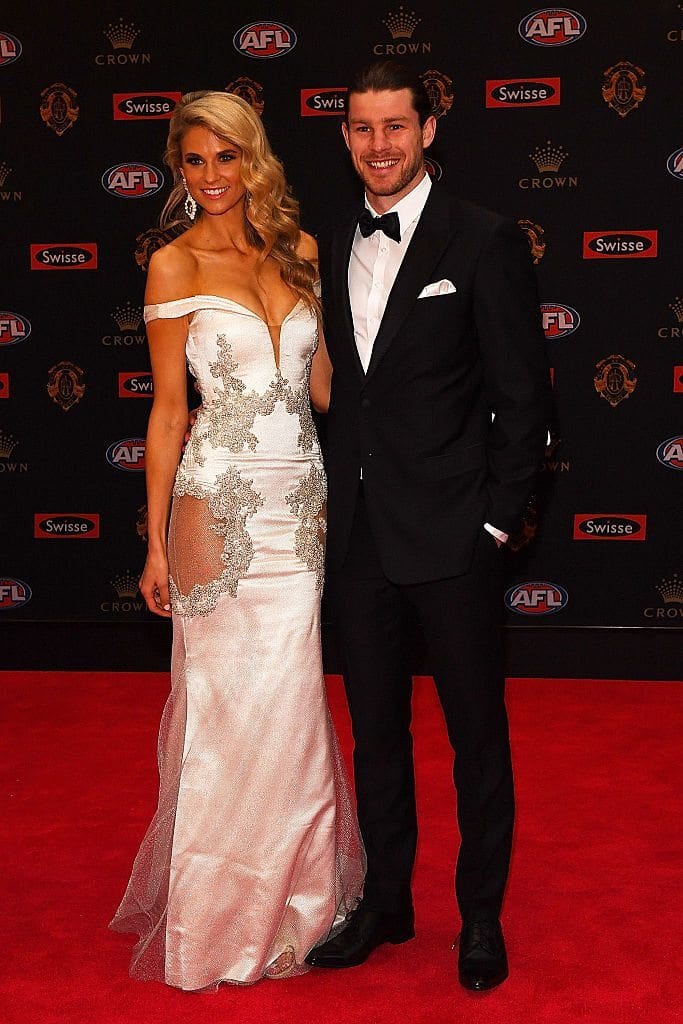 MELBOURNE, AUSTRALIA - SEPTEMBER 26: Bryce Gibbs of Carlton (R) and Lauren Tscharke arrive ahead of the 2016 Brownlow Medal at Crown Entertainment Complex on September 26, 2016 in Melbourne, Australia. (Photo by Quinn Rooney/Getty Images)