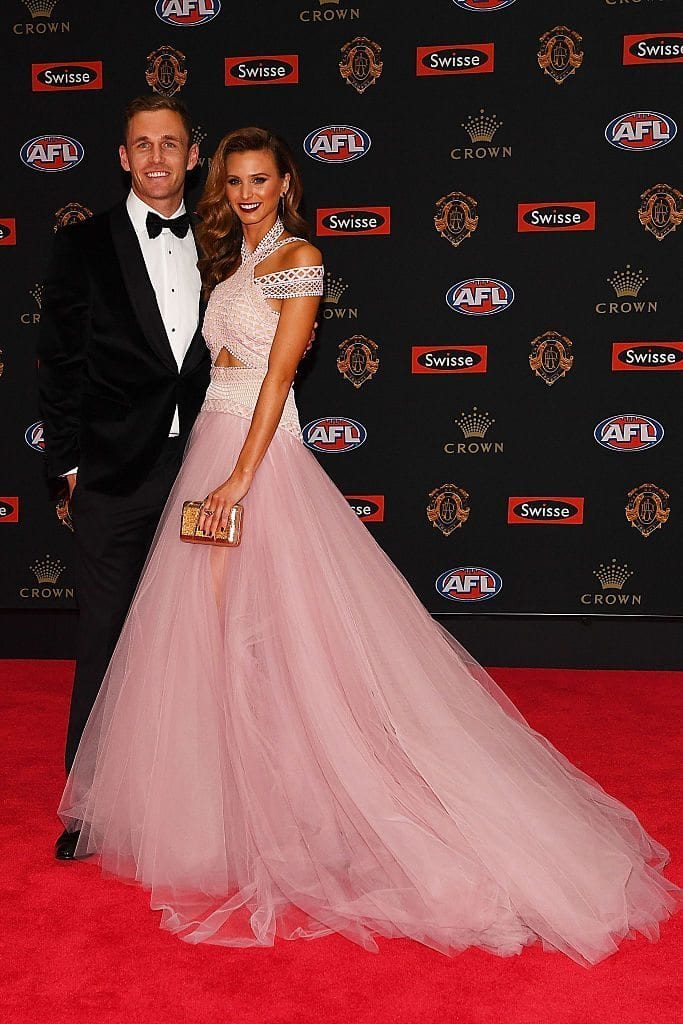 MELBOURNE, AUSTRALIA - SEPTEMBER 26: Joel Selwood of Geelong (L) and partner Brit Davis arrive ahead of the 2016 Brownlow Medal at Crown Entertainment Complex on September 26, 2016 in Melbourne, Australia. (Photo by Quinn Rooney/Getty Images)