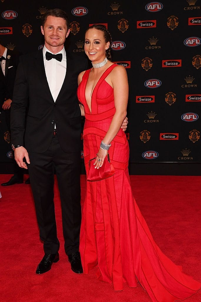 MELBOURNE, AUSTRALIA - SEPTEMBER 26: Patrick Dangerfield of Geelong (L) and Mardi Dangerfield arrive ahead of the 2016 Brownlow Medal at Crown Entertainment Complex on September 26, 2016 in Melbourne, Australia. (Photo by Quinn Rooney/Getty Images)