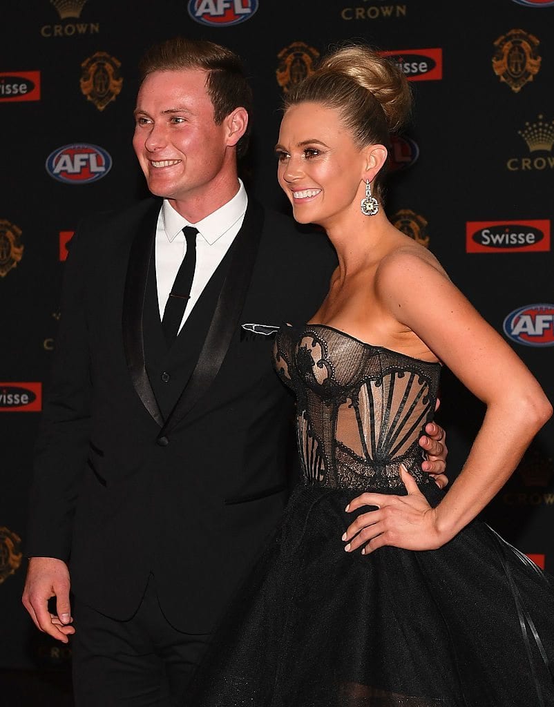 MELBOURNE, AUSTRALIA - SEPTEMBER 26: David Armitage of the Saints and partner Jessie Hultgren arrive ahead of the 2016 Brownlow Medal at Crown Entertainment Complex on September 26, 2016 in Melbourne, Australia. (Photo by Quinn Rooney/Getty Images)